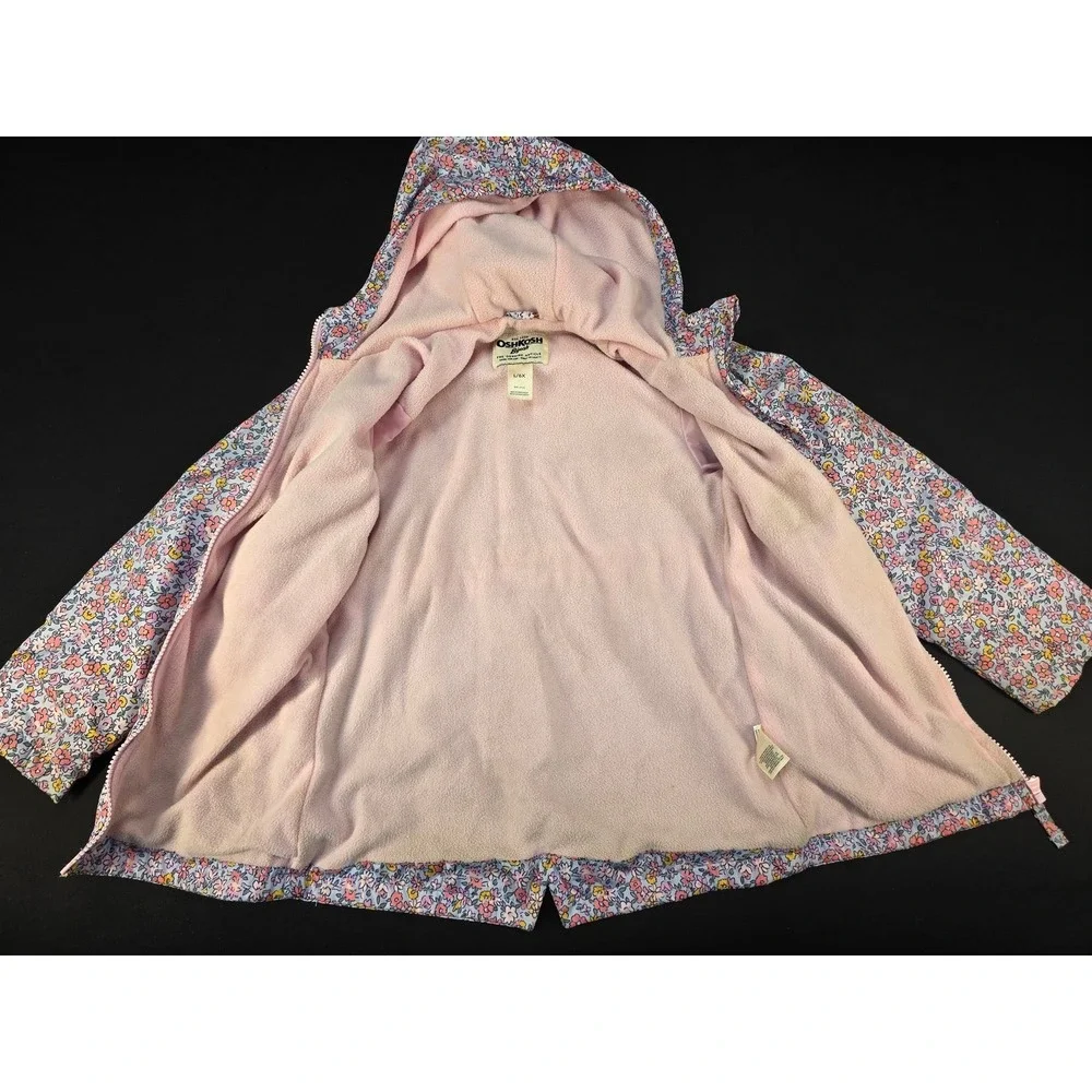 OshKosh B'gosh Girls L 6X Floral Hooded Jacket Pink Fleece Lined Zip Coat